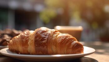 croissant en koffie Aan de tafel. zonnig ochtend, straat visie in de achtergrond. generatief ai foto