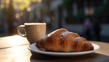 croissant en koffie Aan de tafel. zonnig ochtend, straat visie in de achtergrond. generatief ai foto