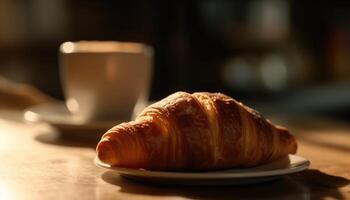 croissant en koffie Aan de tafel. zonnig ochtend, straat visie in de achtergrond. generatief ai foto