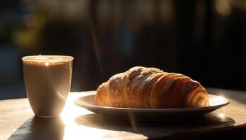croissant en koffie Aan de tafel. zonnig ochtend, straat visie in de achtergrond. generatief ai foto