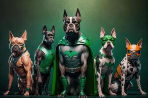 bende van hond net zo superhelden met kaap Aan groen achtergrond. gemaakt generatief ai foto
