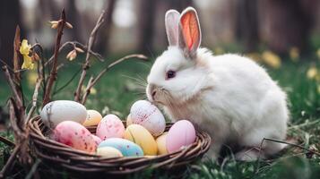 Pasen konijn met een mand van eieren. generatief ai foto