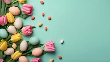 gelukkig Pasen groet achtergrond met tulpen en decoratief eieren in divers kleuren foto