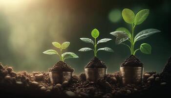 groeit planten Aan munten gestapeld Aan groen wazig achtergronden en natuurlijk licht met financieel ideeën. generatief ai foto