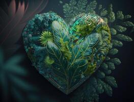 groen hart gemaakt door gebladerte dat vertegenwoordigt milieu bescherming gemaakt met generatief ai technologie foto