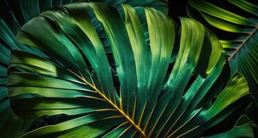 abstract groen tropisch banaan en monstera bladeren achtergrond gemaakt met generatief ai technologie foto