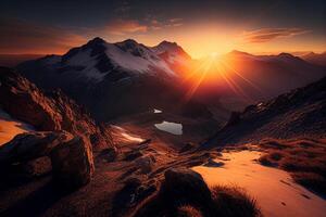 toneel- zonsopkomst in de hoog bergen van de alpen generatief ai foto
