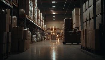binnen de opslagruimte filmische verlichting verbetert de ordelijk rijen van dozen en rekken in een magazijn. generatief ai foto