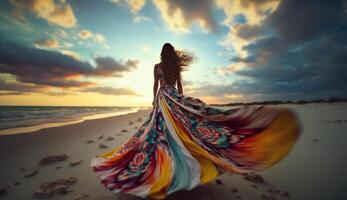 bevallig vrouw staand Aan strand in vloeiende kleurrijk jurk. generatief ai foto