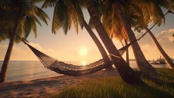 een tropisch strand Bij zonsondergang met een hangmat onder een palm boom. generatief ai foto