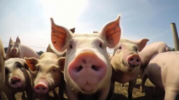 groep van varkens in boerderij tuin. generatief ai foto