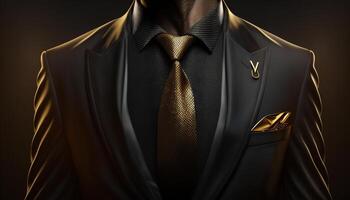 een detailopname silhouet van een rijk zakenman in zwart en goud pak. generatief ai foto