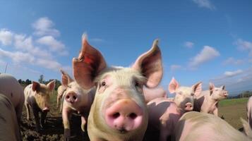 groep van varkens in boerderij tuin. generatief ai foto