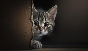 een verrast kat in een muur gat. generatief ai foto