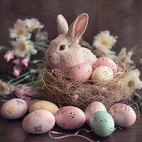realistisch Pasen konijn in nest met kleurrijk Pasen eieren. Pasen poster, omslag, label, sjabloon. ai gegenereerd foto