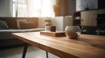 hout tafel in modern interieur. illustratie ai generatief foto