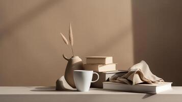 koffie en boek minimalistische achtergrond. illustratie ai generatief foto