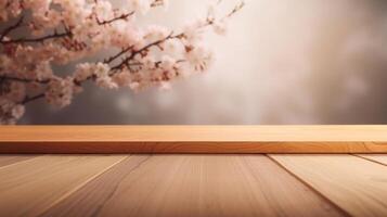 leeg houten tafel met sakura bloemen. illustratie ai generatief foto