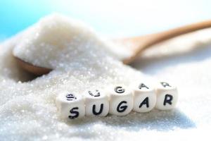 Nee suiker concept, suiker Aan lepel en vervagen achtergrond, wit suiker voor voedsel en snoepgoed toetje snoep hoop van zoet suiker kristallijn korrelig foto