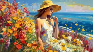 impressionist schilderij vrouw in zomer. illustratie ai generatief foto