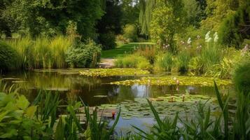 vijver in de zomer tuin. illustratie ai generatief foto