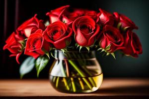 rood rozen in een glas bloem vaas Aan de tafel voor moeder dag en Valentijnsdag dag foto