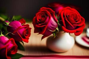 rood rozen in een bloem vaas Aan de tafel voor moeder dag en Valentijnsdag dag foto