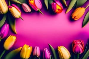 roze achtergrond met tulpen vormen een kader, leeg ruimte in de midden- voor kopiëren, moeder dag foto