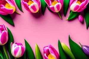 roze achtergrond met tulpen vormen een kader, leeg ruimte in de midden- voor kopiëren, moeders dag, kopiëren ruimte foto