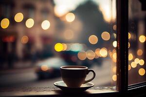 ochtend- kop van koffie en bokeh licht in een knus cafe van een venster. generatief ai. digitaal kunst illustratie foto
