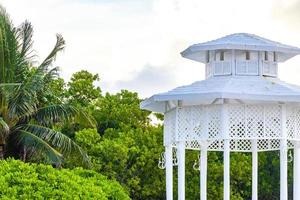 wit edele pergula paviljoen in paradijs Aan strand palmen Mexico. foto