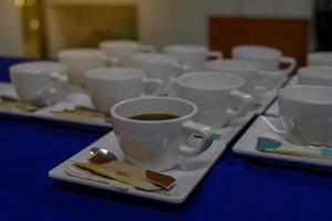 koffie breken reeks dat is klaar naar worden geserveerd naar congres aanwezigen. 1 portie bord reeks bevat 1 kop van koffie, suiker en koffie maat voor toevoegen smaak volgens naar voorkeur. foto