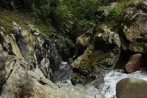 de rivier- stromen en rotsen zijn gefotografeerd van bovenstaand de rivier- stromen. foto