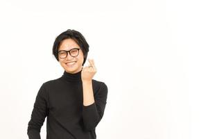 glimlach en tonen Koreaans liefde vinger van knap Aziatisch Mens geïsoleerd Aan wit achtergrond foto