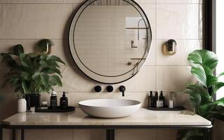 modern beige ijdelheid balie, keramisch wastafel, wit kraan, plant, zwart ronde spiegel in zonlicht Aan marmeren tegel muur luxe badkamer voor kunstmatig, schoonheid, generatief ai, ai foto