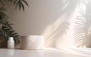 minimalistisch wit steen podium in zonlicht, palm blad schaduw in blanco room wit muur, verdieping voor modern luxe schoonheid, kunstmatig, biologisch, natuur, mode Product Scherm achtergrond generatief ai, ai foto