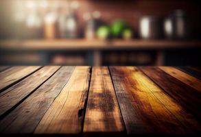 leeg houten tafel en wazig achtergrond van koffie winkel of restaurant. voor Product Scherm foto