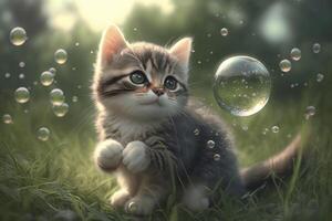 een schattig katje Toneelstukken met zeep bubbels in de vlak gras gemaakt met generatief ai technologie. foto