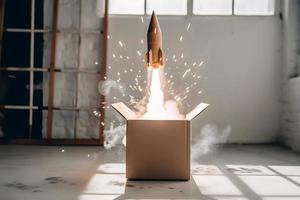 raket komt eraan uit van een doos. concept van begin omhoog en nieuw bedrijf. foto