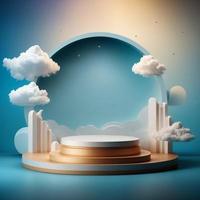 realistisch wit pluizig wolken in Product podium. 3d weergegeven meetkundig vorm lucht wolk blauw pastel foto