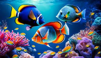 kleurrijk tropisch vis leven in de koraal rif, dieren van de onderwater- zee wereld, generatief ai foto