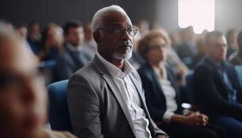 een bedrijf persoon Bijwonen een conferentie, bevorderen professioneel groei. generatief ai foto