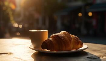 croissant en koffie Aan de tafel. zonnig ochtend, straat visie in de achtergrond. generatief ai foto