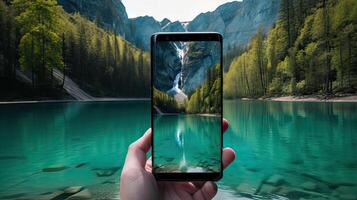 reizen concept - toerist duurt afbeelding van fantastisch berg meer in triglav nationaal park. gelegen in de Bohinj vallei van de julian Alpen. generatief ai. foto