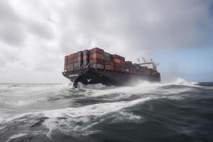 vernield lading schip met containers in stormachtig zee met groot golven. generatief ai foto