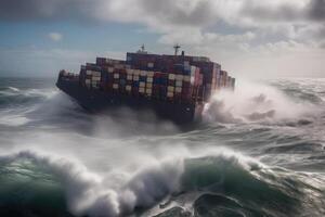 vernield lading schip met containers in stormachtig zee met groot golven. generatief ai foto