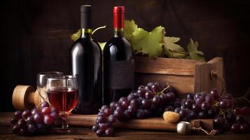 wijn en druiven aan het liegen Aan een tafel ai gegenereerd foto