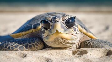 schattig schildpad met zonnebril ai gegenereerd foto