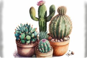 schilderij divers cactussen in ingemaakt planten, wit achtergrond. ai digitaal illustratie foto