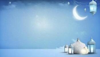 Ramadan groet banier met kleurrijk blauw achtergrond ai gegenereerd foto